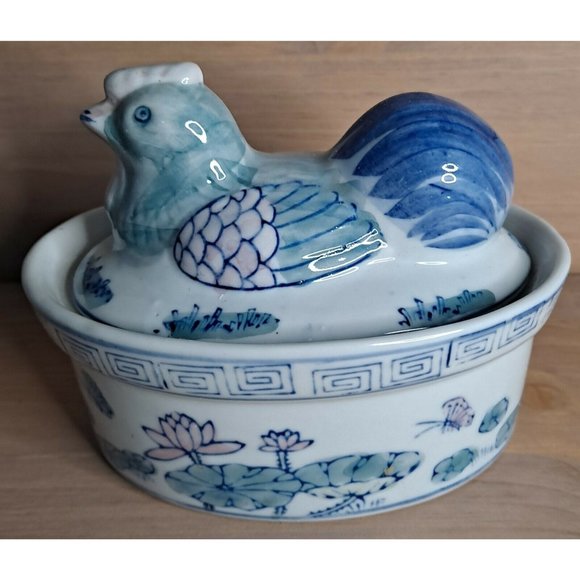 Vintage Hen on a Nest Chinese Porcelain Trinket Box Canister Jar Chicken - Picture 2 of 8
